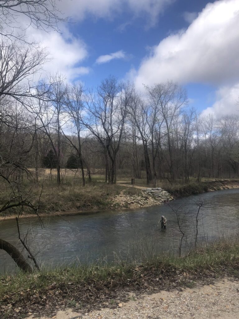 Fly Fishing the Current River at Montauk Fly fisherman wading the Current River near Montauk, Missouri.